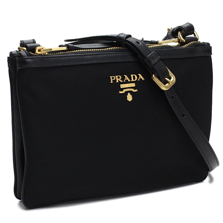 口コミ・レビュー評価が高いおすすめ人気商品の通販 Prada Logo Tessuto Nylon Soft Calf Trim Black Crossbody Bag 小物