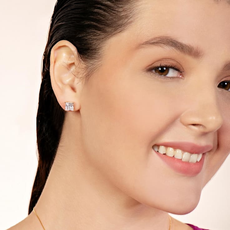 White Cubic Zirconia 14k Yellow Gold Studs With Velvet Gift Box 4.00ctw