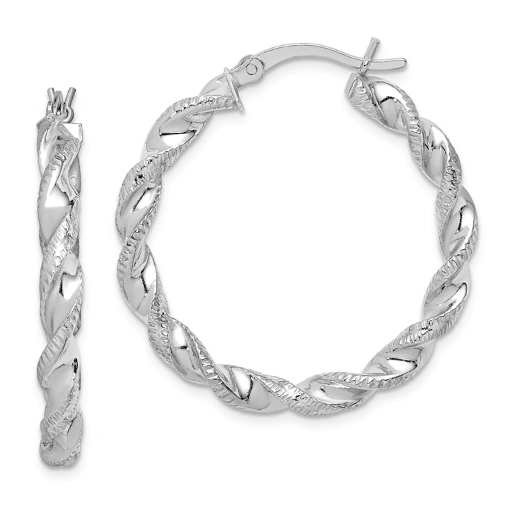 Rhodium Over Sterling Silver Twisted 3.5x30mm Hoop Earrings