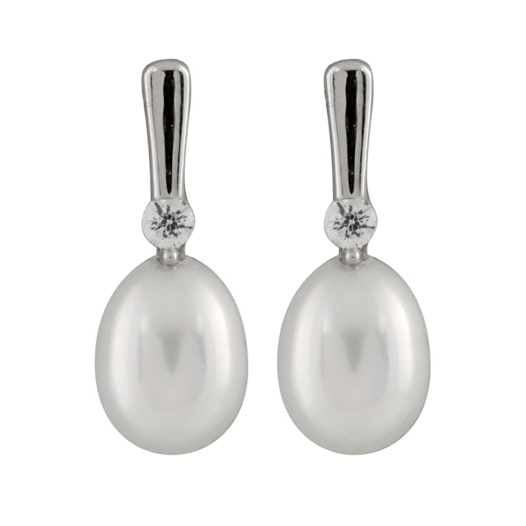 7-7.5mm White Cultured Freshwater Pearl and Cubic Zirconia Rhodium Over
Sterling Silver Earrings