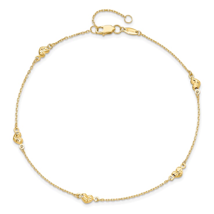 14K Yellow Gold Polished and Diamond-cut Heart with 1-inch Extension Anklet