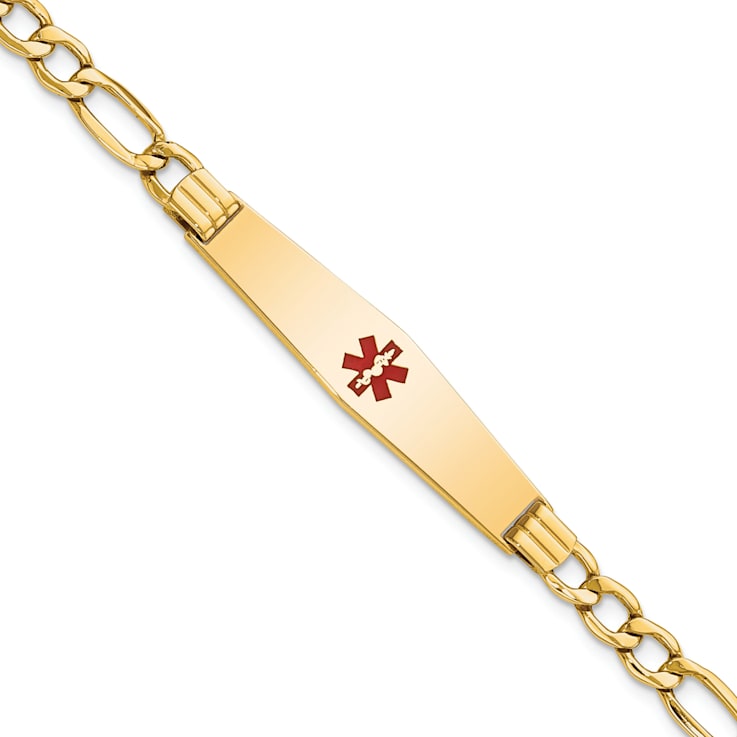 14k Yellow Gold Medical Soft Diamond Shape Red Enamel Figaro Link ID Bracelet