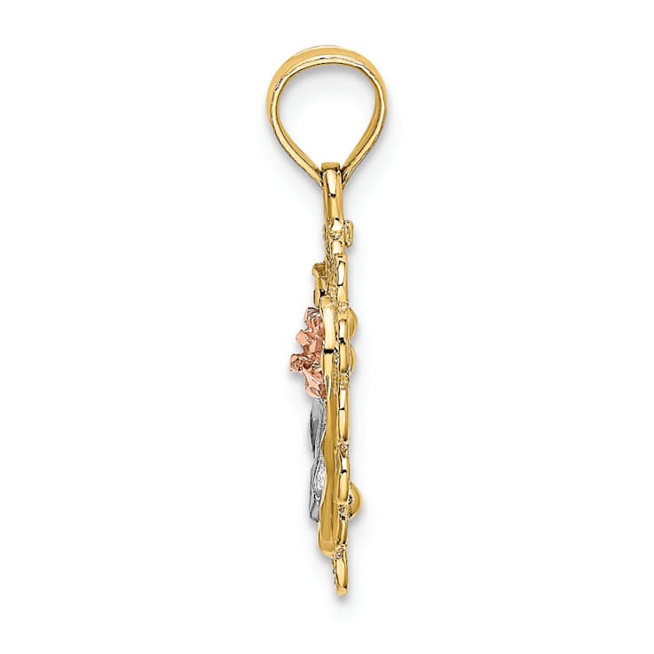 14k Tri-color Gold Textured Heart with Rose and Lace Trim Charm