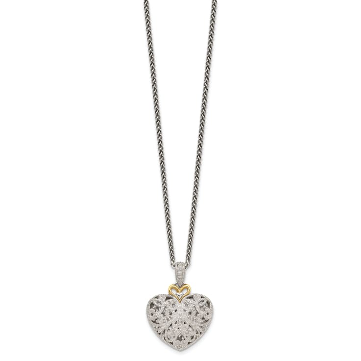 Sterling Silver Antiqued with 14K Accent Diamond Vintage Necklace