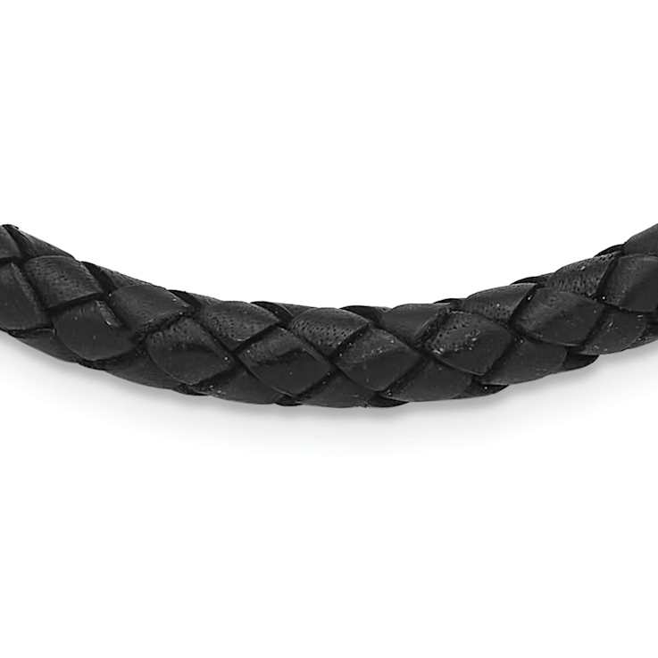 Stainless Steel Polished 6mm Woven Black Leather 19.5 Inch Necklace