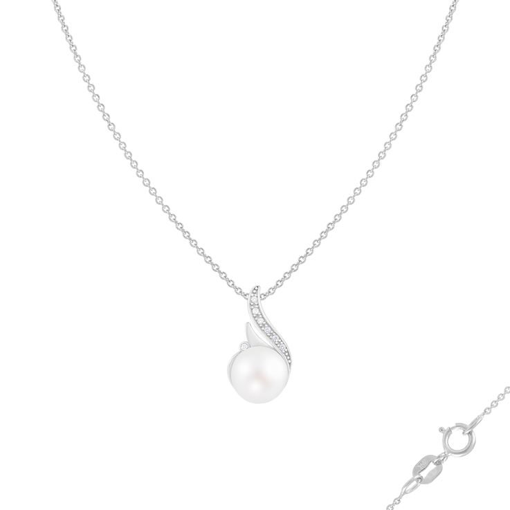 9-10mm Button White Cultured Freshwater Pearl and CZ Rhodium Over
Sterling Silver Pendant