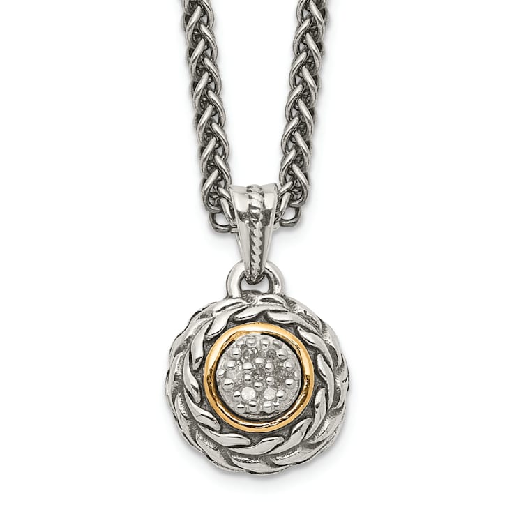 Sterling Silver Antiqued with 14K Accent Diamond Round Pendant Necklace