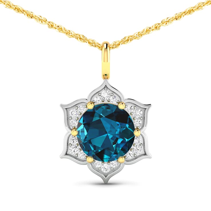 2.05ctw 14K Yellow Gold Blue London Blue Topaz and White Diamond Pendant
with 18 inch Cable Chain