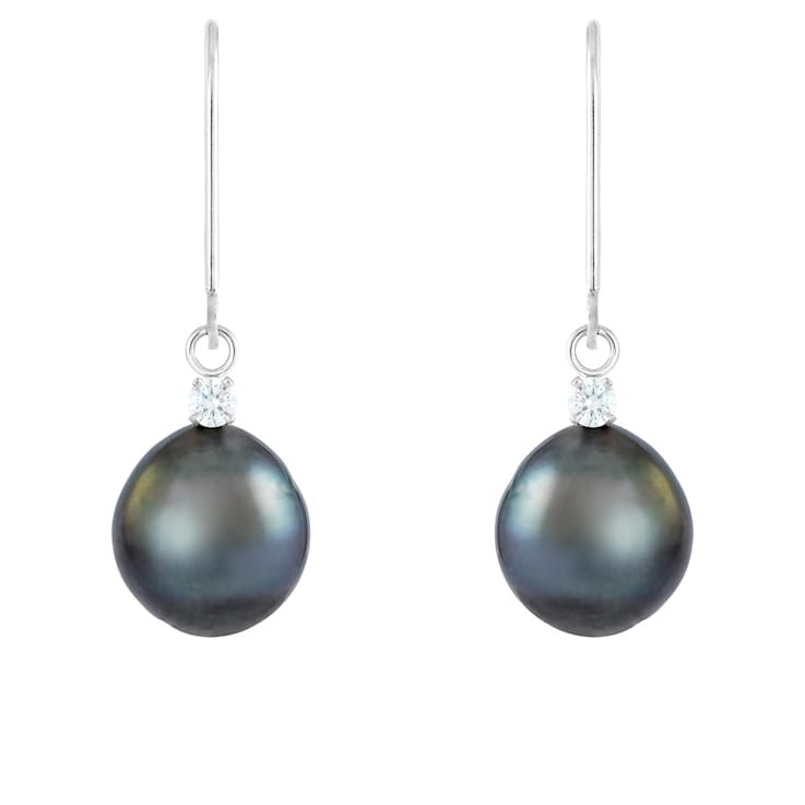 14k white gold leverback earrings with .10CT DTW and 8-9mm Tahitian pearls