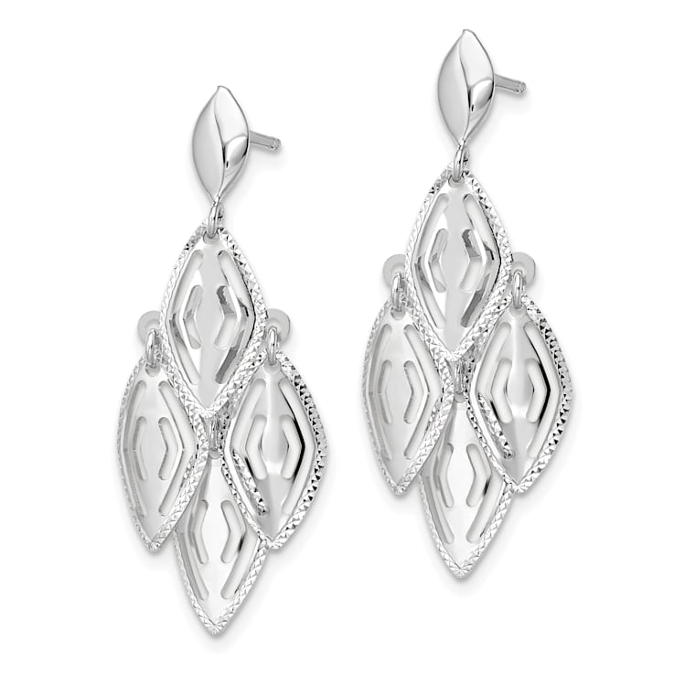 14K White Gold Polished Diamond-cut Post Dangle Chandelier Earrings