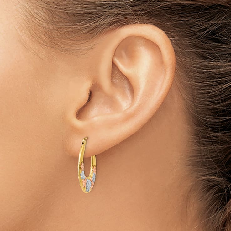 14k Yellow Gold and Rhodium Over 14k Yellow Gold 7/8" Flowers Hoop Earrings