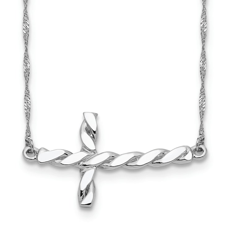 Rhodium Over 14K White Gold Polished Twisted Sideways Cross 17-inch Necklace