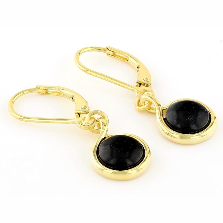 Black Jadeite Dangle Earrings In 18K Gold Over Sterling Silver 7mm