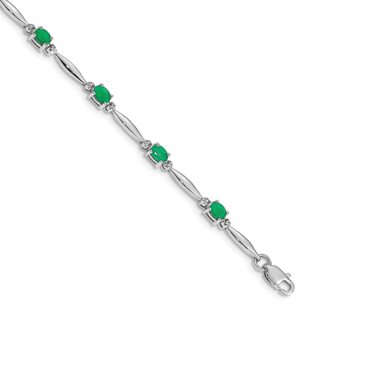 Rhodium Over 14k White Gold Diamond and Emerald Bracelet