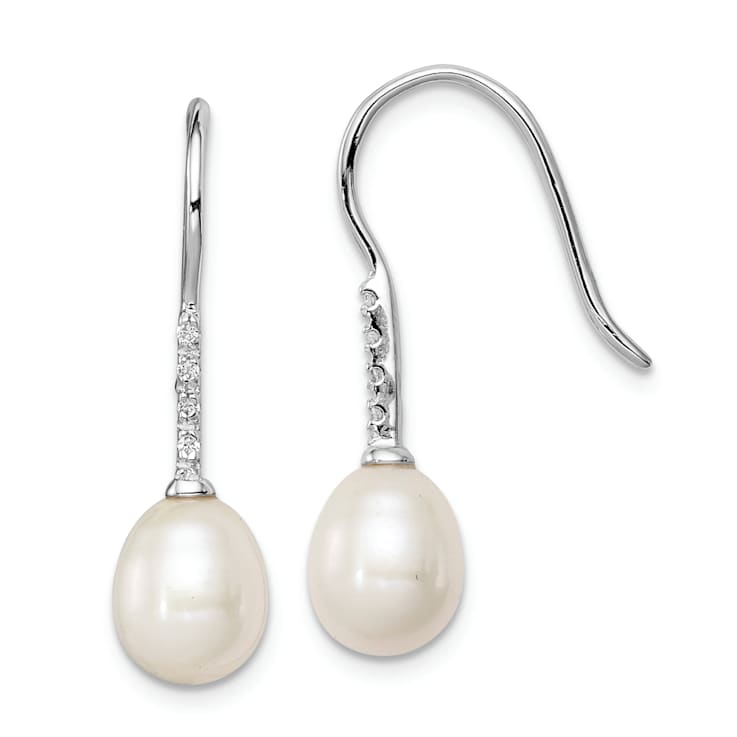 Rhodium Over Sterling Silver 7-8mm White Freshwater Cultured Pearl Cubic
Zirconia Dangle Earrings