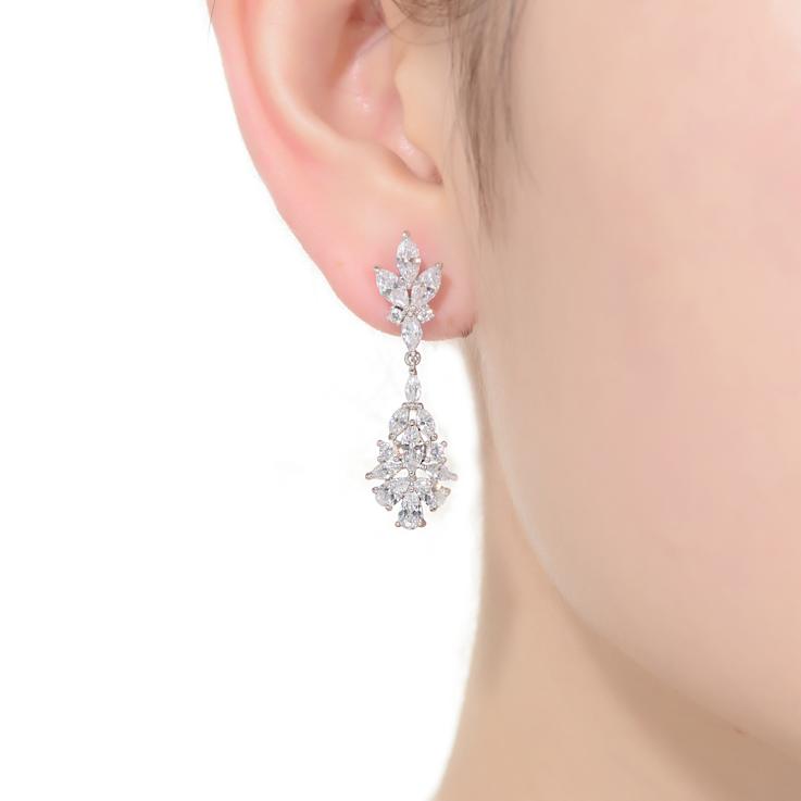 CZ Cluster Drop Earrings In Sterling Silver
