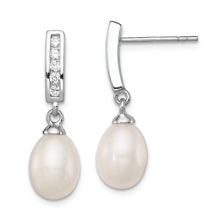 Rhodium Over Sterling Silver 8-9mm White FWC Pearl Cubic Zirconia Post
Dangle Earrings