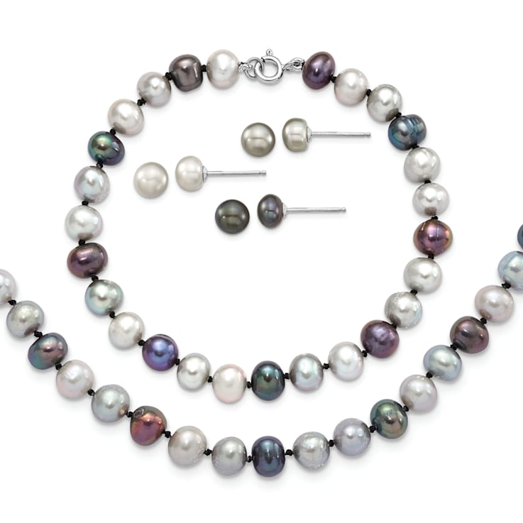 Rhodium Over Sterling Silver Multi-color Freshwater Pearl
Necklace/Bracelet/Earring Set