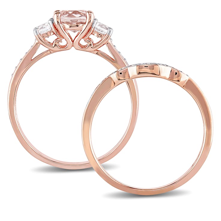 Morganite, Created White Sapphire and Diamond 10K Rose Gold Ring 1.27ctw