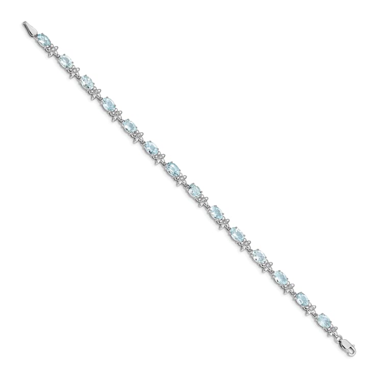 Rhodium Over 14k White Gold Floral Diamond and Aquamarine Bracelet