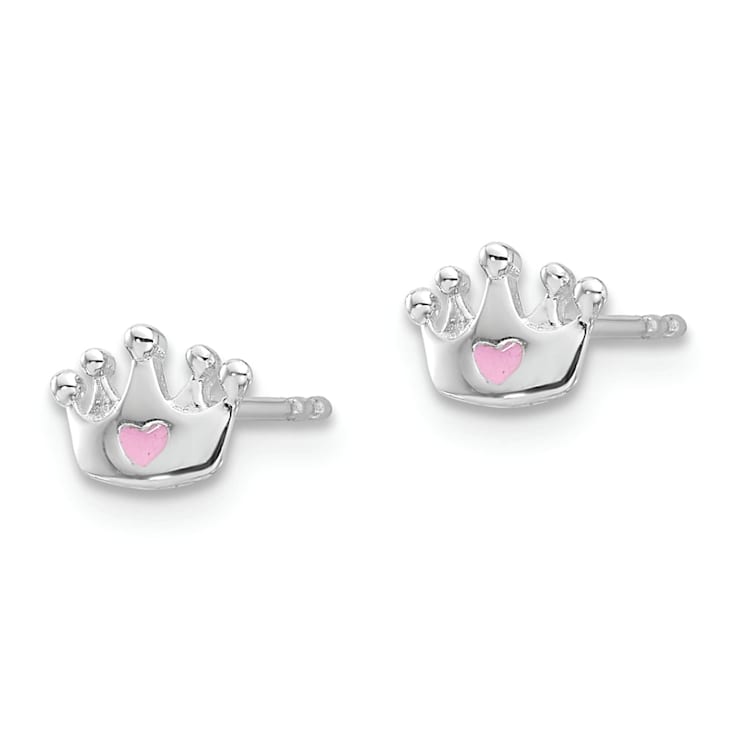Rhodium Over Sterling Silver Pink Enamel Heart Crown Children's Post Earrings