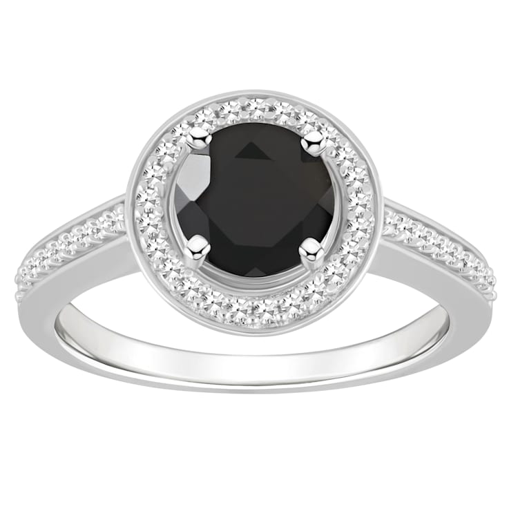 7mm Round Black Onyx 1/5 ctw Diamond Rhodium Over Sterling Silver Halo Ring