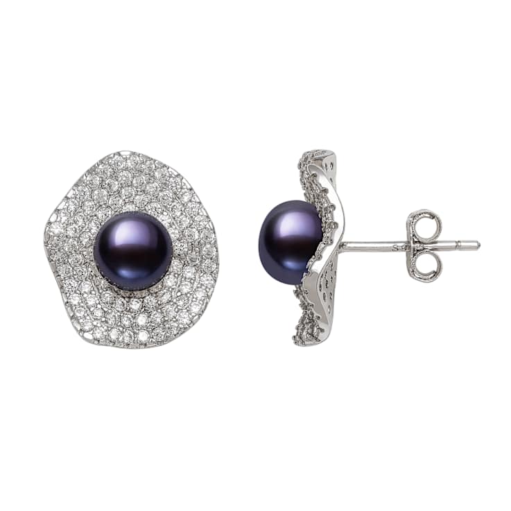 Black Cultured Freshwater Pearl With Cubic Zirconia Rhodium Over
Sterling Silver Earrings