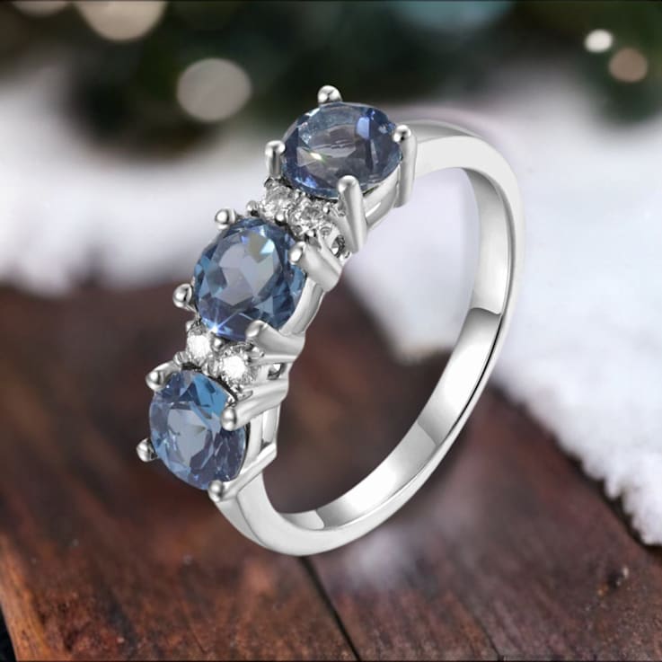 London Blue Topaz and Moissanite Sterling Silver 3-Stone Ring