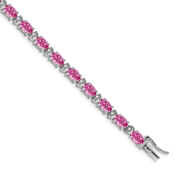 Rhodium Over 14k White Gold Oval Lab Created Pink Sapphire and Diamond Bracelet