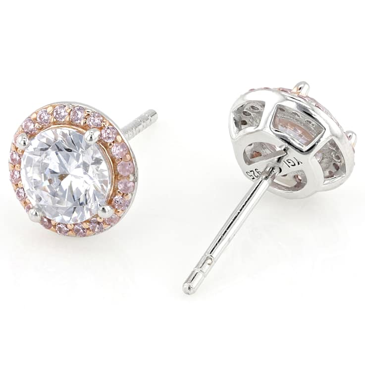 Pink and White CZ Halo Stud Earrings In Rose Gold and Sterling Silver