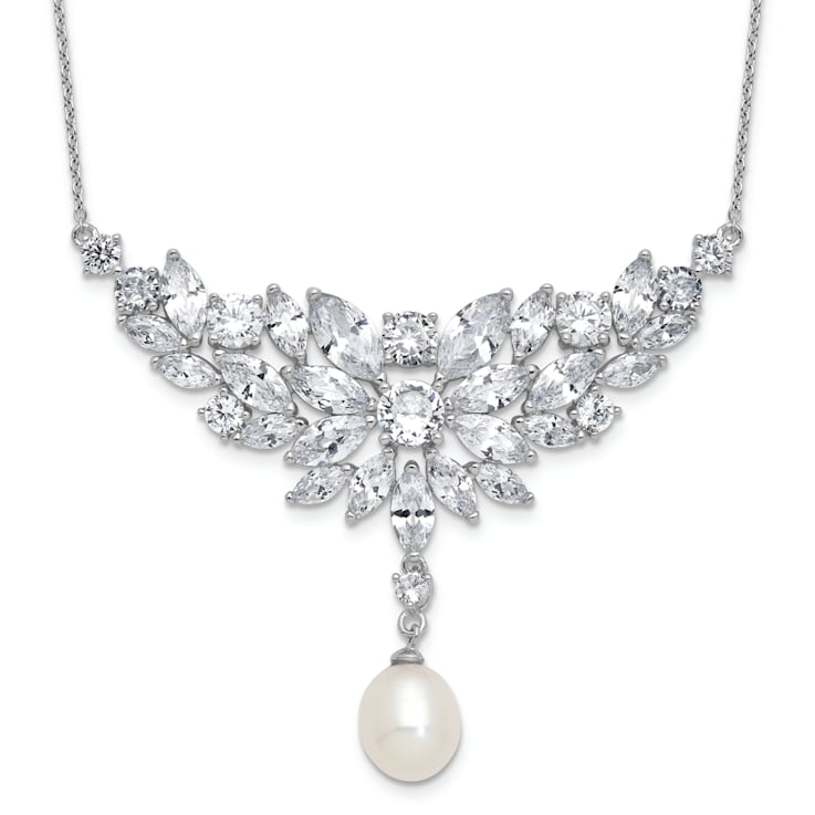 Rhodium Over Sterling Silver Fancy Freshwater Cultured Pearl and Cubic
Zirconia Necklace