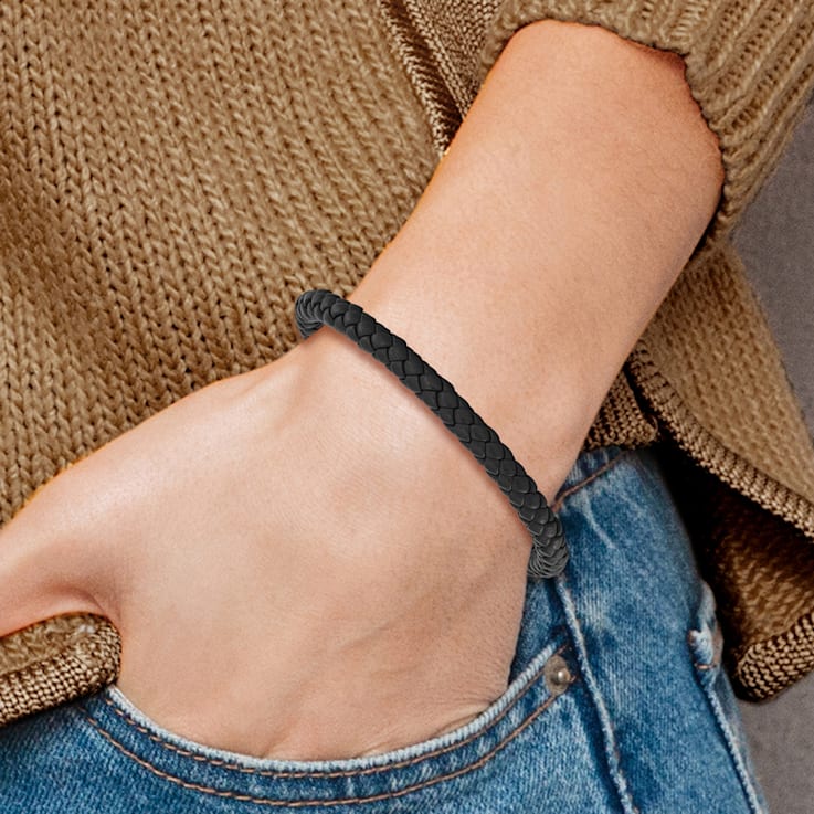 Black Leather and Stainless Steel Polished 8.5-inch Bracelet