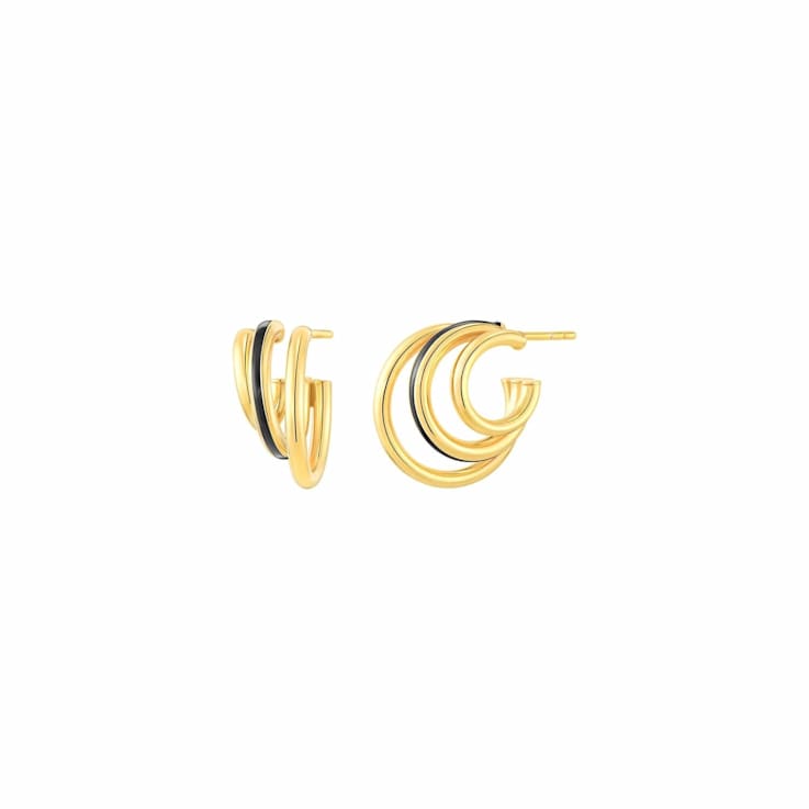 14K Yellow Gold Over Sterling Silver Enamel Triple Hoop Earrings in Black