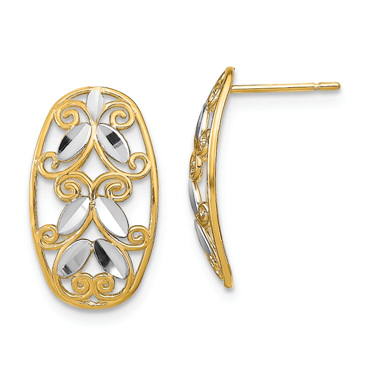14k Yellow Gold and Rhodium Over 14k Yellow Gold Oval Diamond-cut
Filigree Dangle Earrings