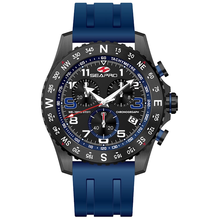 Seapro Men's Gallantry Black Dial, Blue Rubber Strap Watch