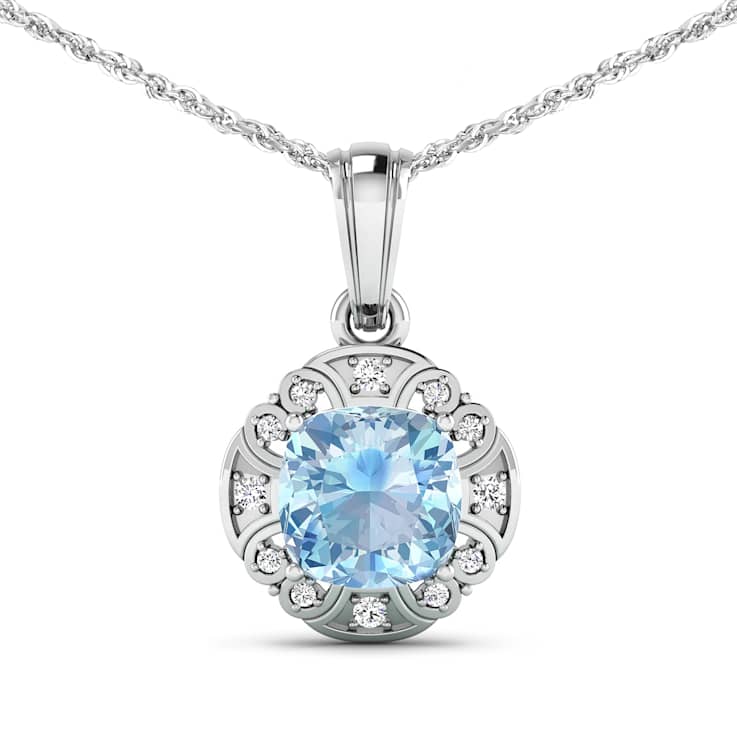 1.48ctw 14K White Gold Aquamarine and White Diamond Pendant with 18 inch
Cable Chain