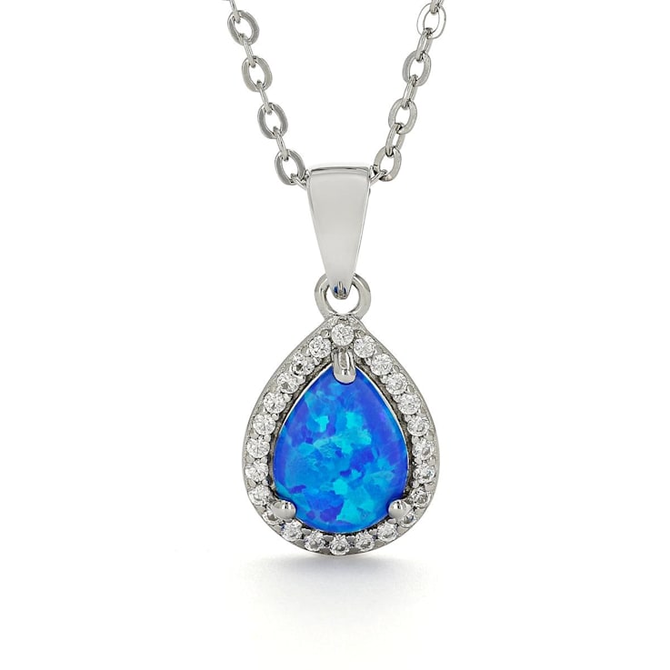 Teardrop Shape Lab Created Blue Opal with Cubic Zirconia Accents Necklace