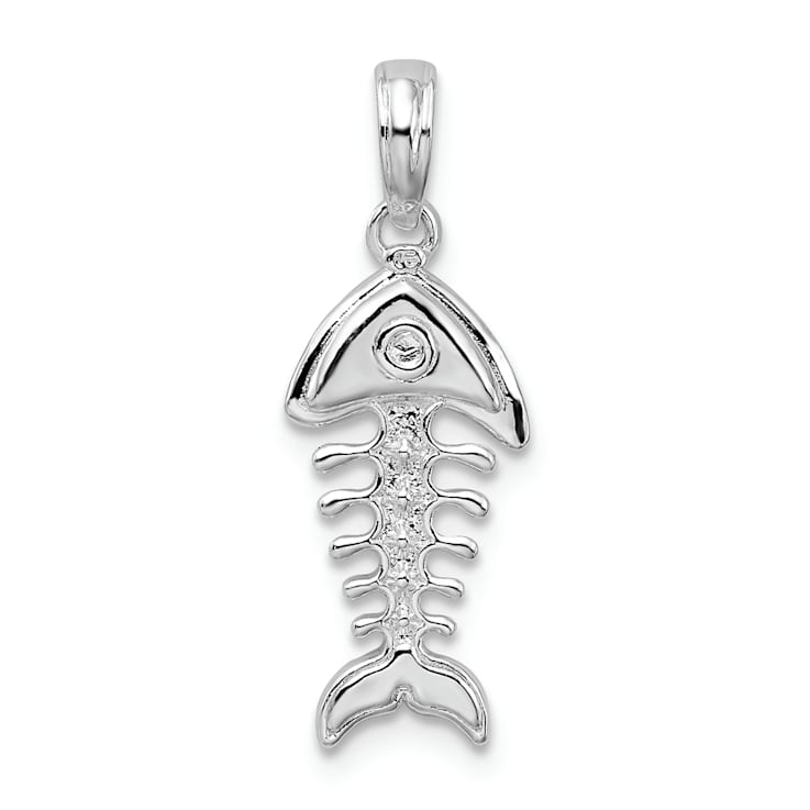 Rhodium Over Sterling Silver Polished 3D Fishbone Pendant