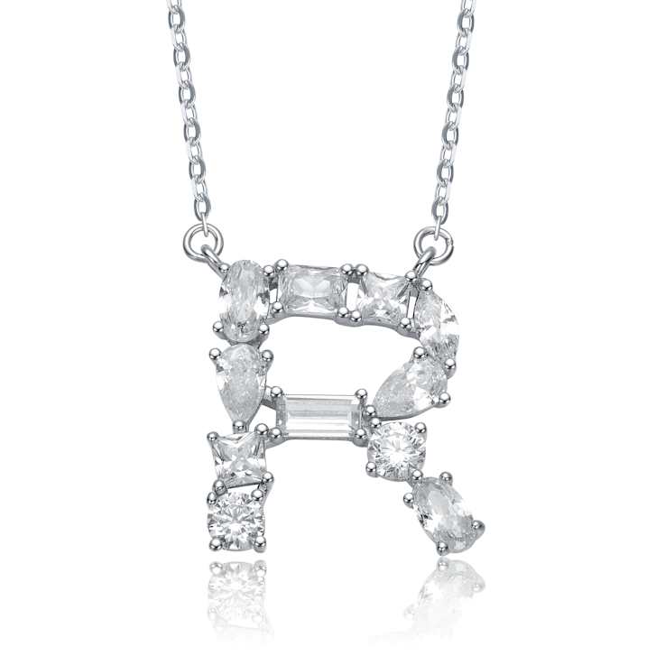 Initial R Mixed Cut CZ Pendant Necklace In Sterling Silver 18 Inch