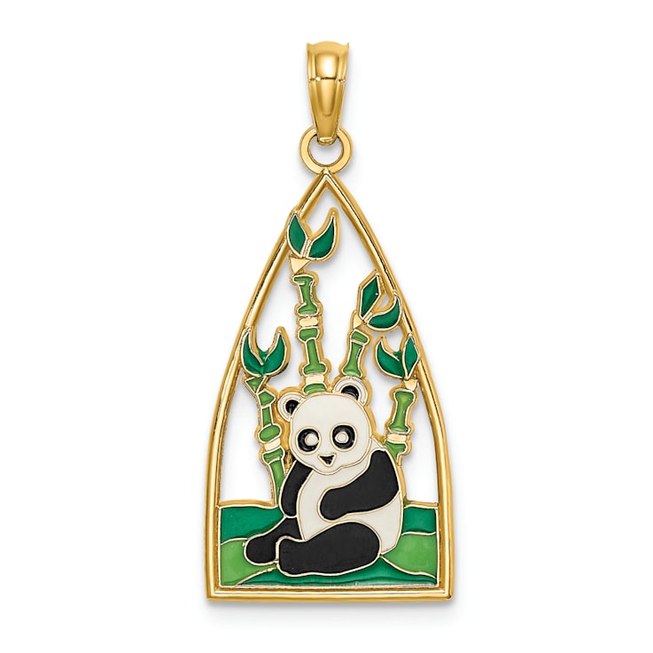 14k Yellow Gold Enamel Panda Bear and Bamboo Pendant