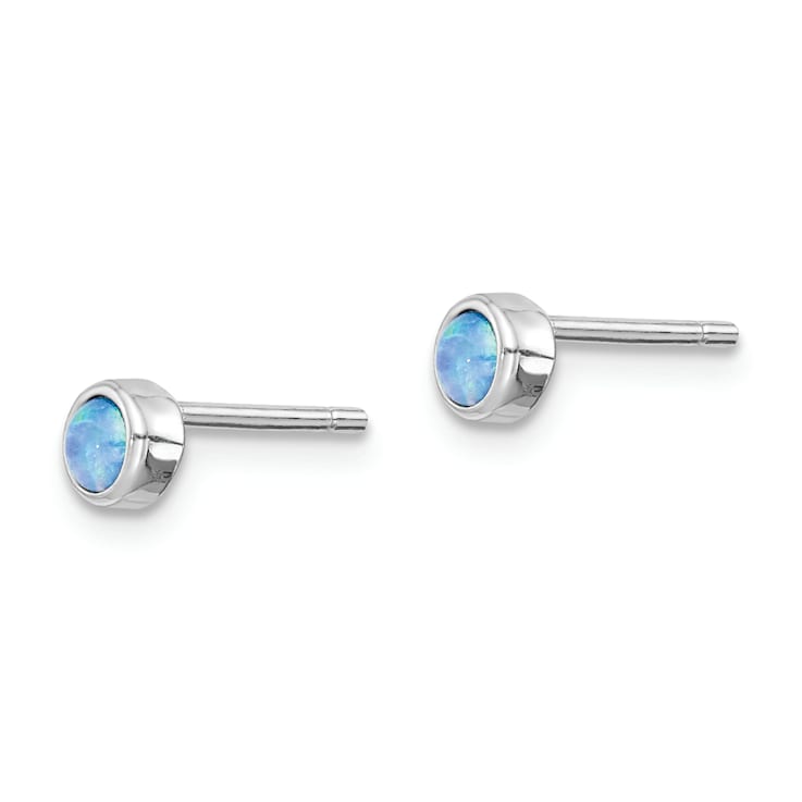 Rhodium Over Sterling Silver Polished 4mm Created Opal Round Stud Earrings