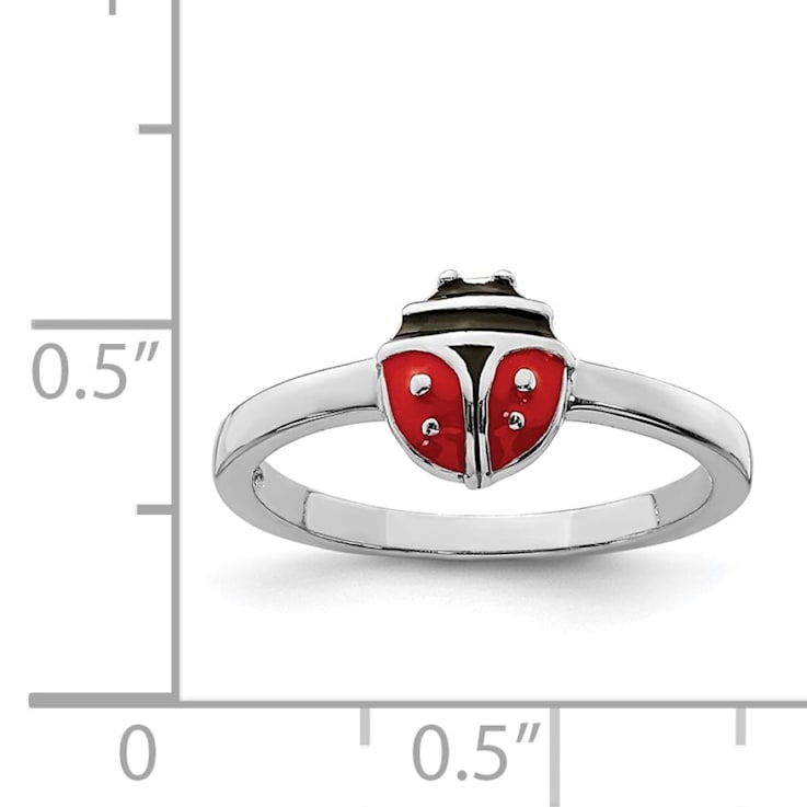 Rhodium Over Sterling Silver Polished and Enameled Ladybug Children's Ring