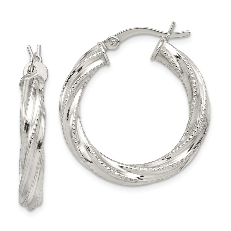 Rhodium Over Sterling Silver Patterned Twisted 4x25mm Hoop Earrings