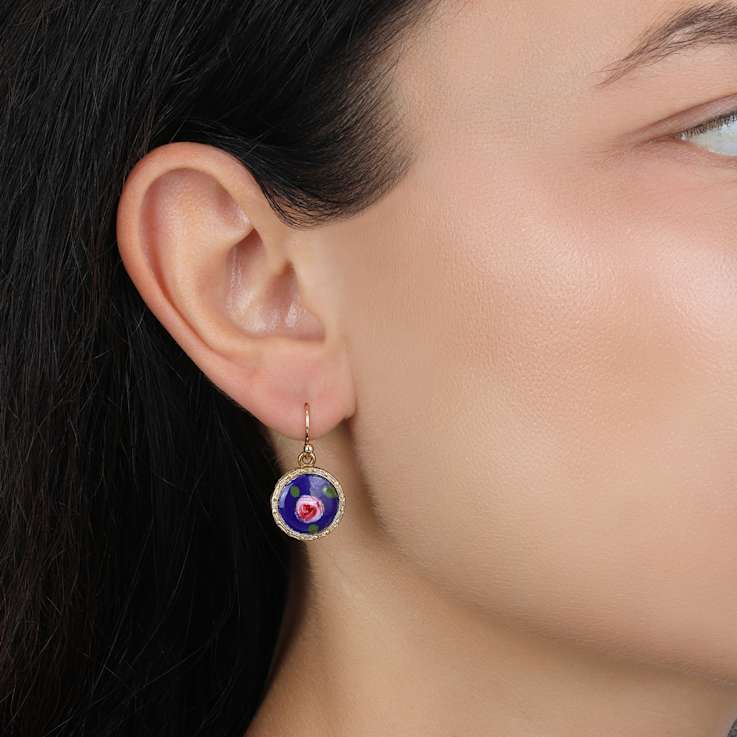 14K Gold Dipped Round Blue & Pink Flower Enamel Wire Earrings