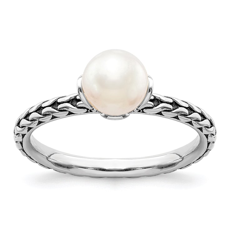 Rhodium Over Sterling Silver Stackable Expressions 7.0-7.5mm White
Freshwater Cultured Pearl Ring