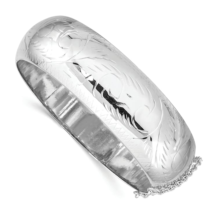 Rhodium Over Sterling Silver Diamond-cut 20mm Hinged Bangle Bracelet