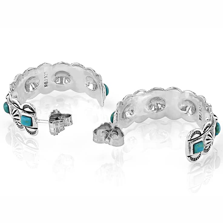 Turquoise Southwest Inspired Oxidized Sterling Silver Hoop Earrings 2.5mm