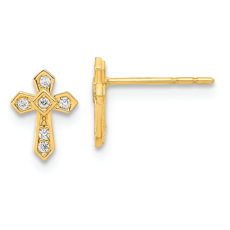 14K Yellow Gold Polished Cross Stud Earrings with Cubic Zirconia