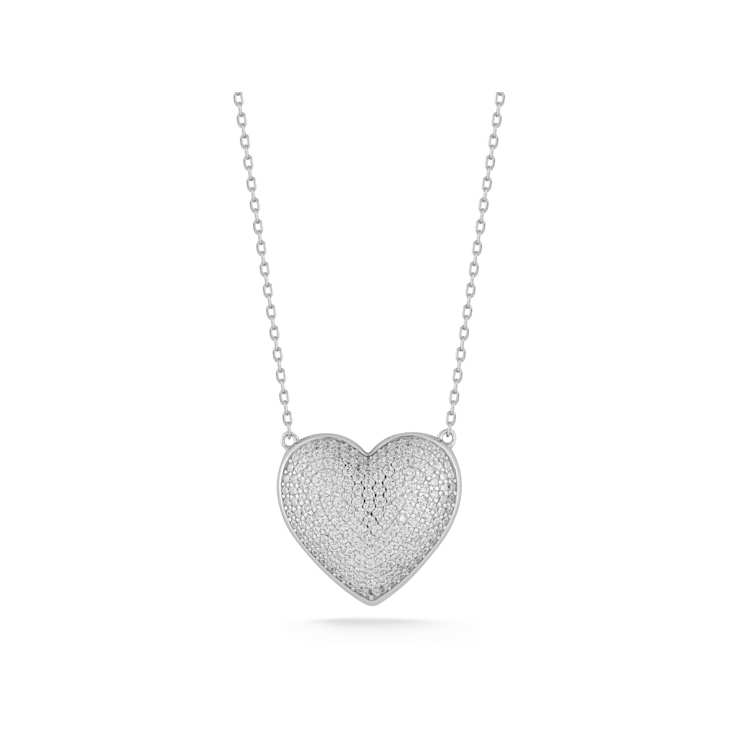 Sterling Statements Rhodium Over Sterling Silver Pave Puffed Heart Necklace