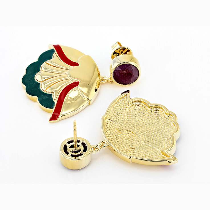 Ruby And Enamel Dangle Artisan Inspired Earrings In 18K Gold Over
Sterling Silver 5.04ctw